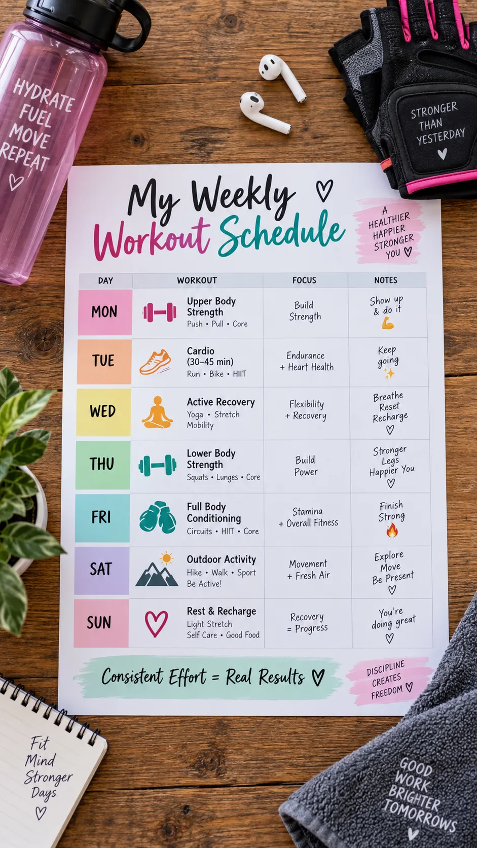 A colorful weekly workout schedule printed on paper laying flat on a wooden table, with a water bottle, earbuds, and gym gloves beside it, overhead flat lay photography style, clean and organized aesthetic