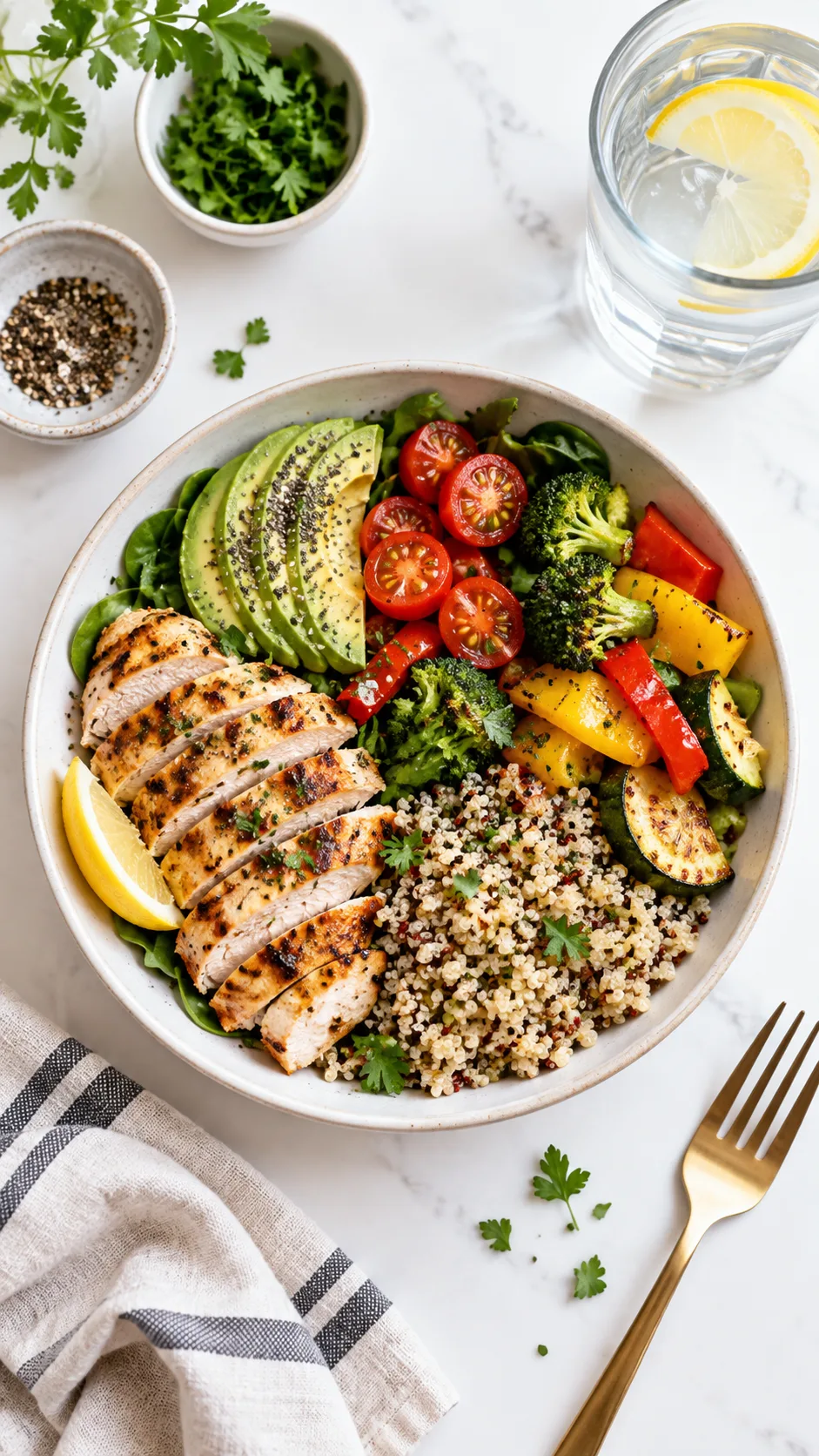 A flat lay of a healthy high-protein meal with grilled chicken, quinoa, colorful vegetables, and a glass of water on a clean white table, food photography, natural light, overhead shot