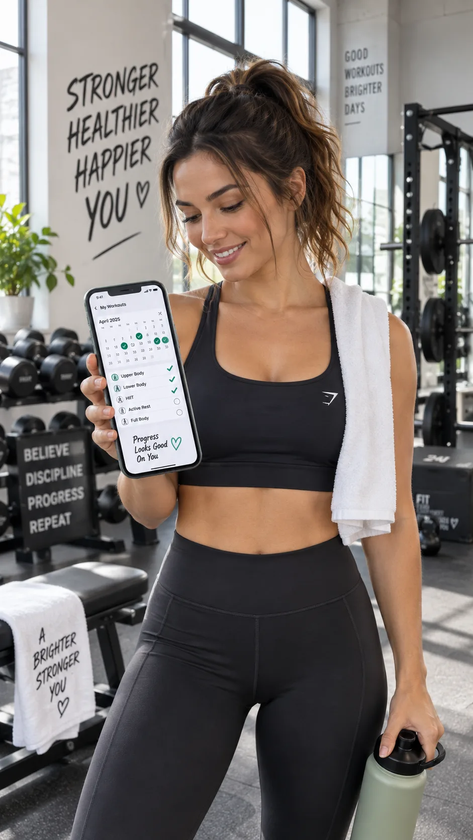 A woman in athletic wear standing in a bright, modern gym looking at a workout calendar on her phone, gym equipment visible in the background, natural lighting, motivational and approachable atmosphere
