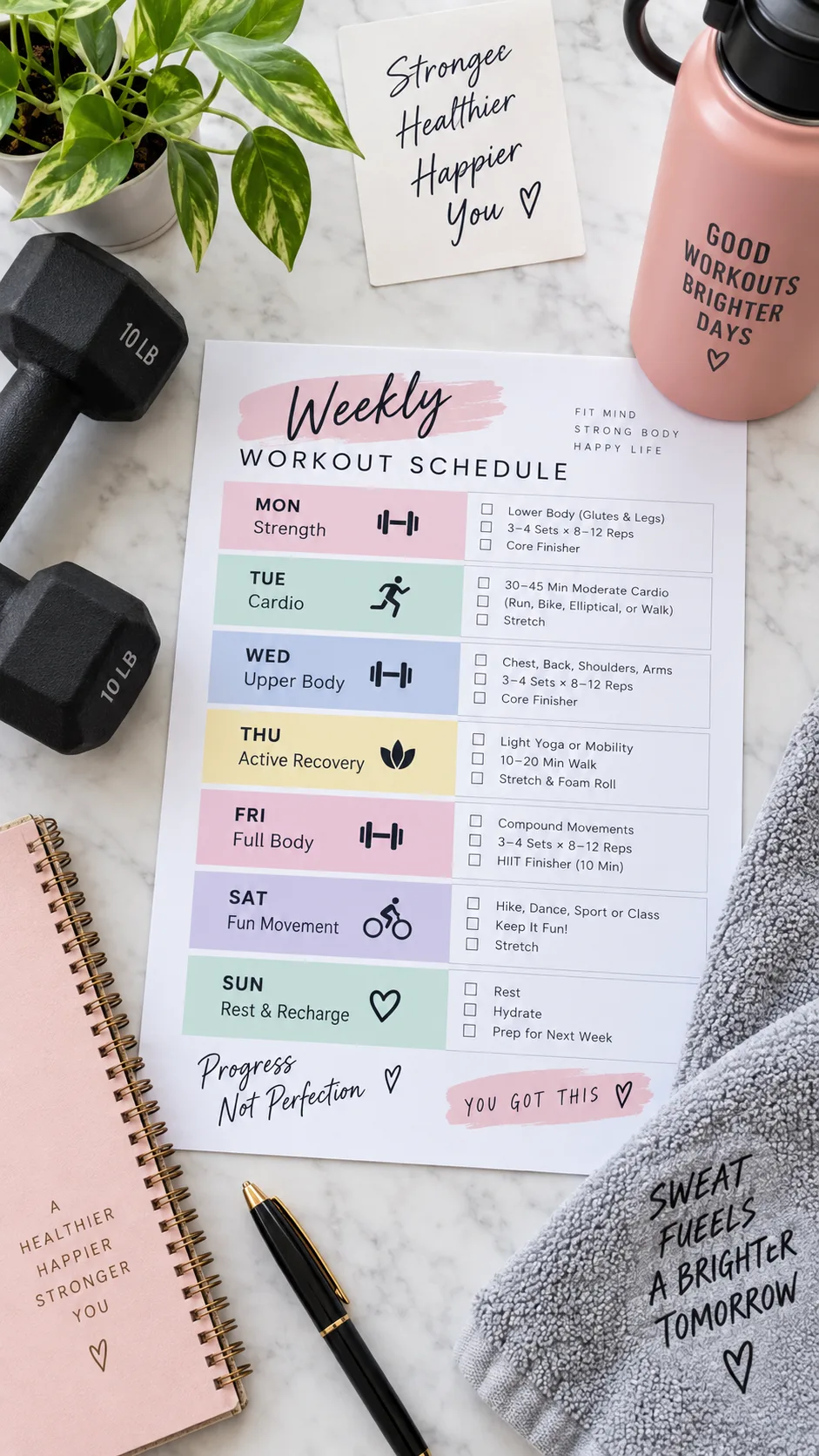 A clean, visually organized weekly workout schedule laid out on a desk next to dumbbells and a water bottle, flat lay photography style, bright and clean aesthetic