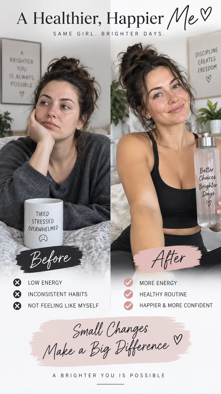 A before-and-after style image showing a woman