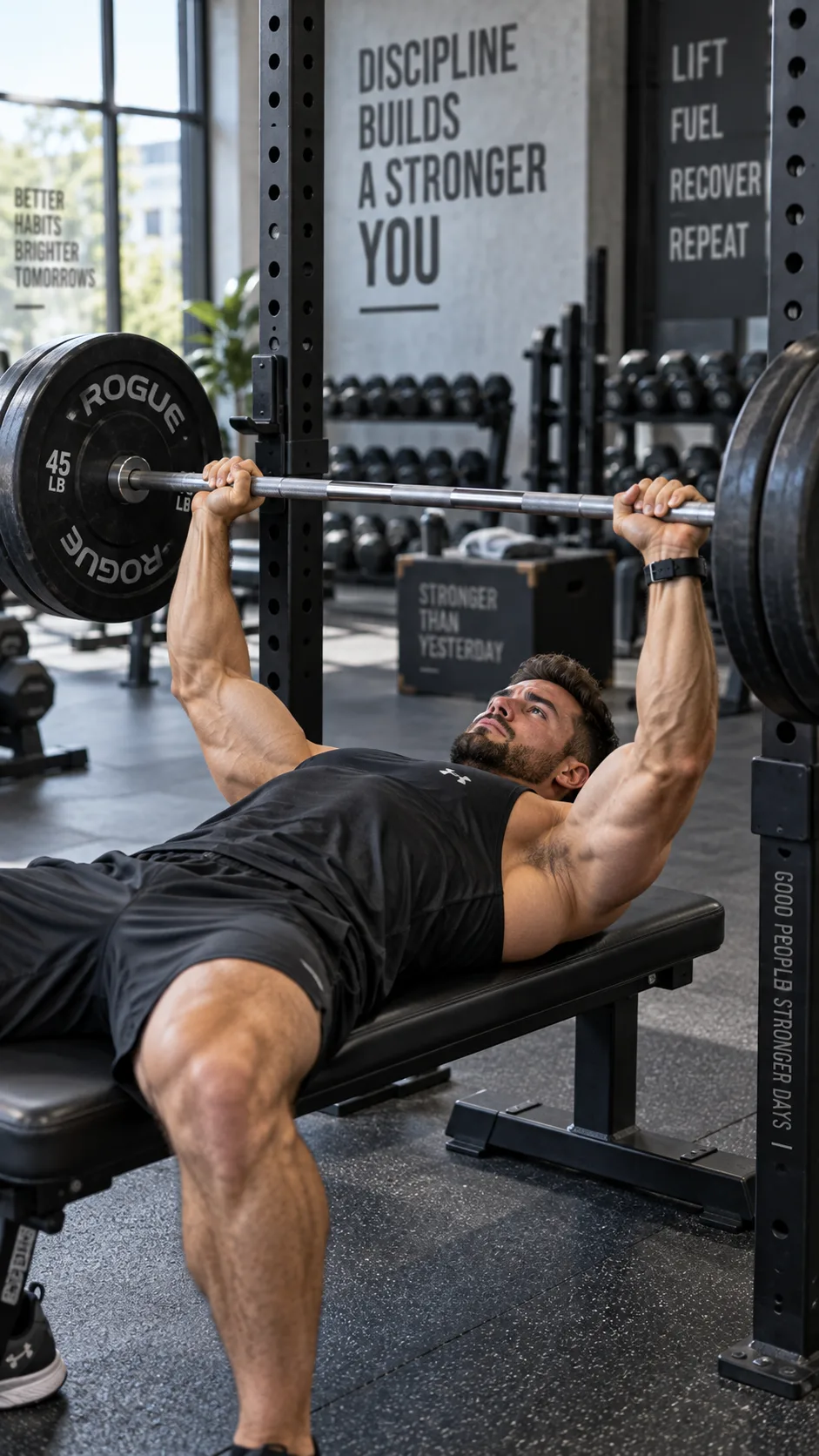 Athletic man in a modern gym performing a barbell bench press with focused form, gym environment with natural lighting, fitness photography style, showing muscular build and determination