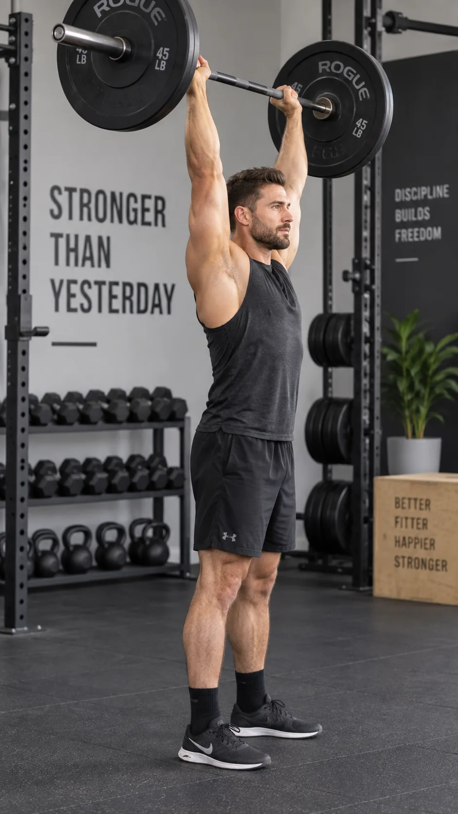 Man performing standing overhead barbell press in a gym setting, showing proper form with full arm extension, side angle view, fitness photography with clean background