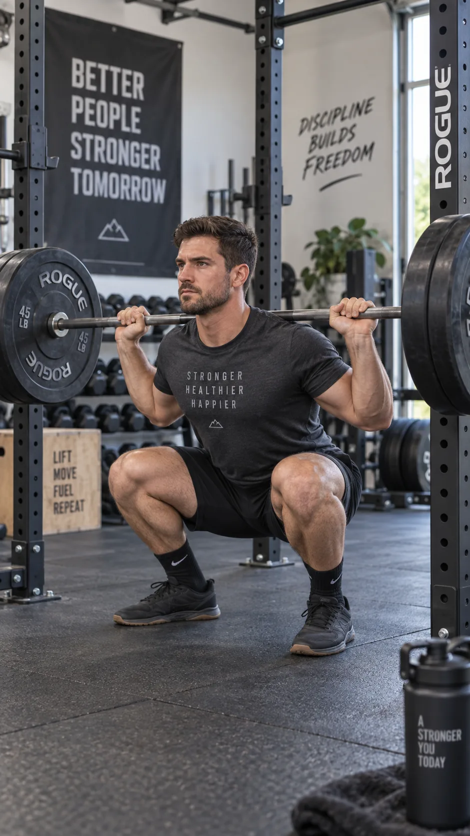 Man performing barbell back squat in a power rack, showing proper depth and form, gym environment with rubber flooring, fitness photography with natural lighting
