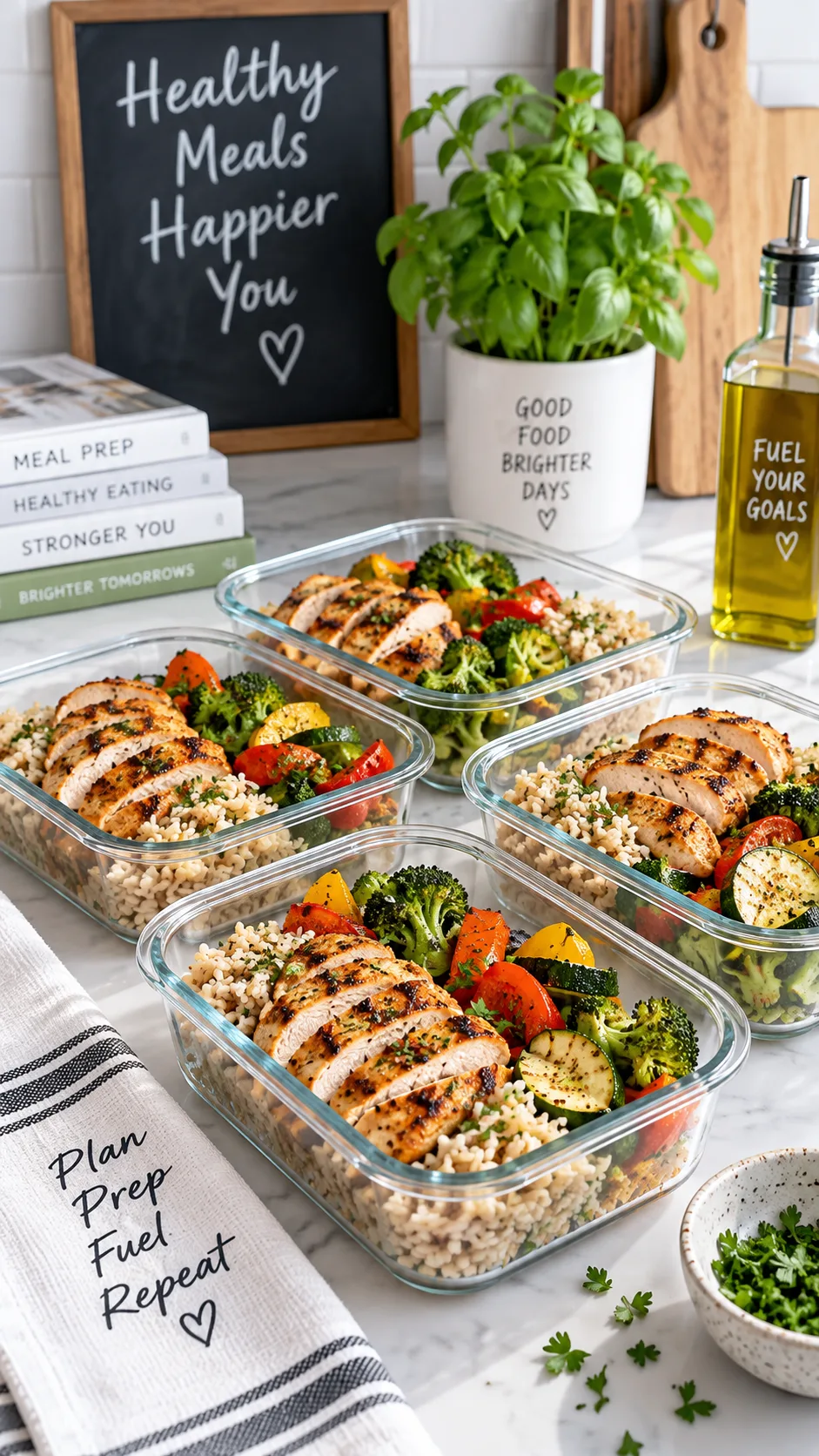 Healthy high-protein meal prep containers with grilled chicken, vegetables, and rice on a clean kitchen counter, bright natural lighting, meal planning photography