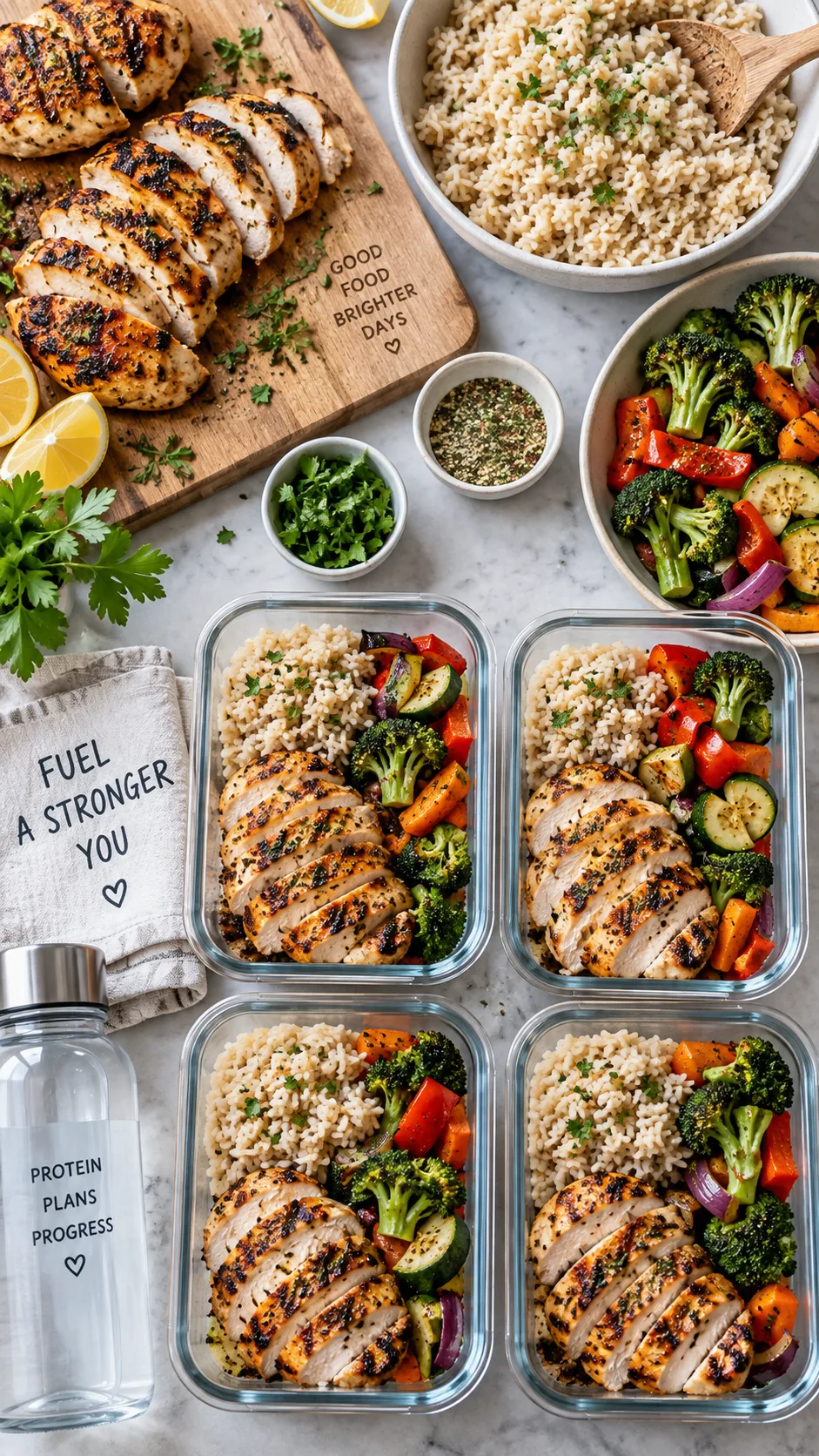 Overhead view of a high-protein meal prep spread on a kitchen counter with grilled chicken, rice, vegetables, and containers, bright natural lighting, food photography style