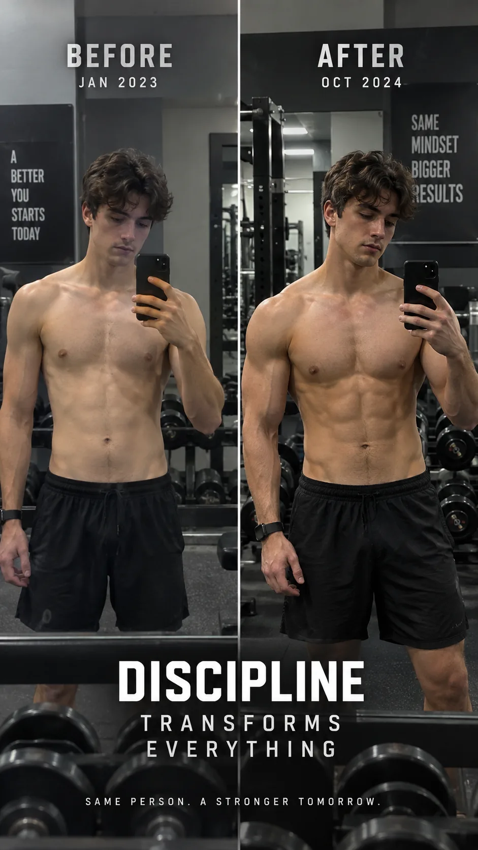 Before and after style split image showing male physique transformation, gym mirror selfie aesthetic, realistic natural lighting, showing muscular development over time