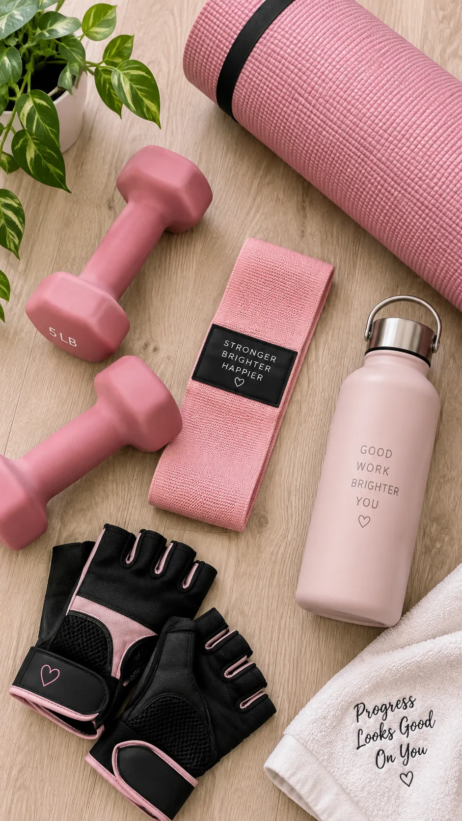 Overhead flat lay of fitness equipment including pink dumbbells, resistance band, yoga mat, water bottle, and workout gloves arranged neatly on a light wooden floor, clean aesthetic photography