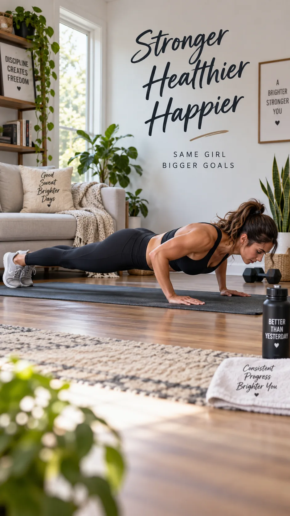 Athletic woman performing a standard push-up on a yoga mat at home, side view showing perfect straight body alignment, natural home lighting, motivational fitness photography