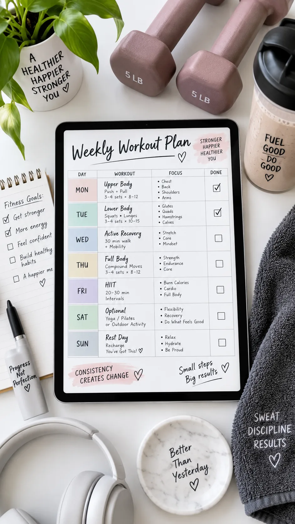 Weekly workout planning calendar on a tablet screen with fitness notes, dumbbells and a protein shake nearby on a clean white desk, top-down lifestyle photography