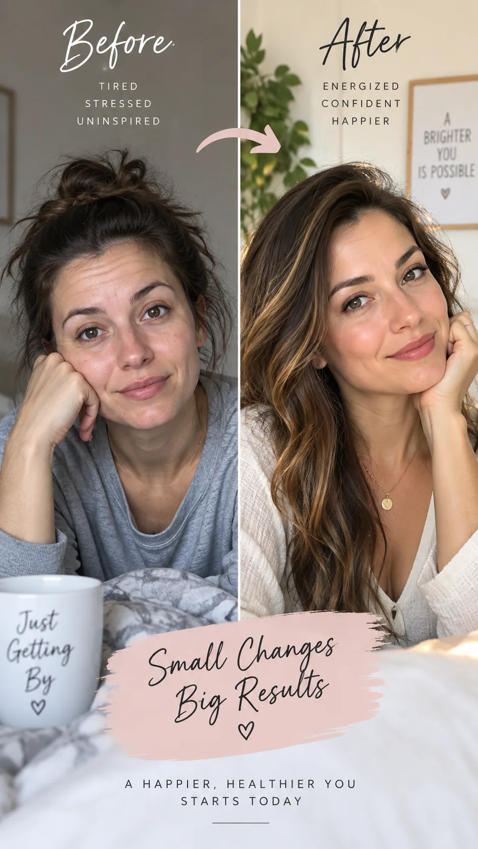 Before and after style split image of a woman