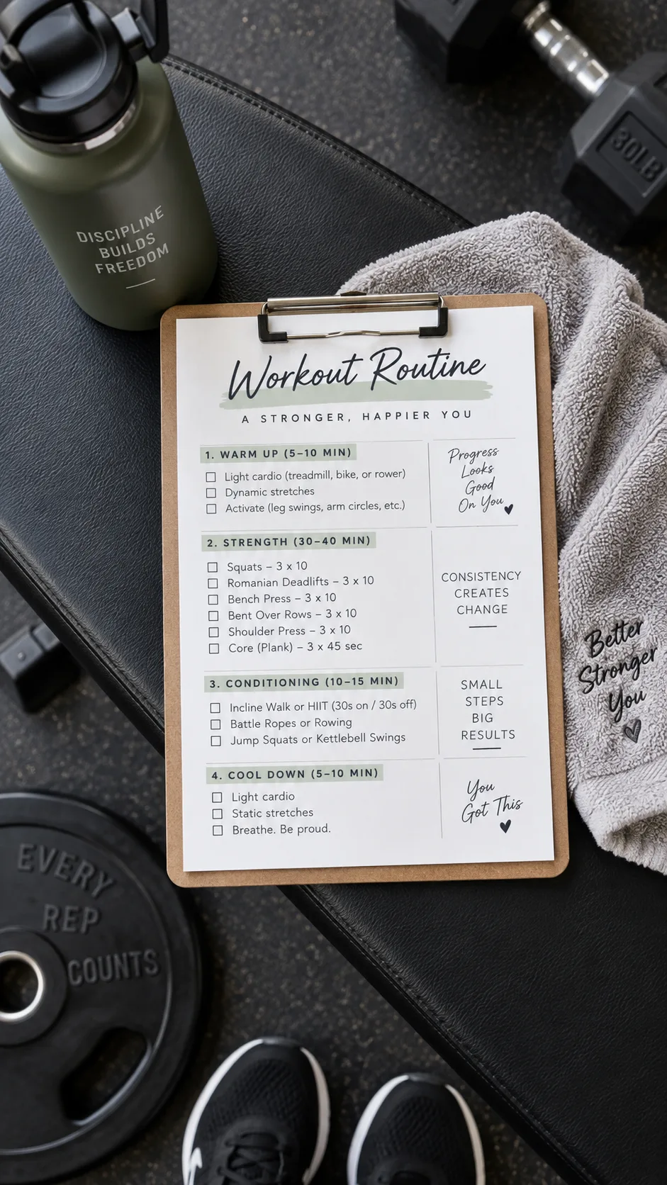 A workout routine written on a clipboard sitting on a gym bench next to a water bottle and towel, overhead flat lay photography style, motivational and clean aesthetic