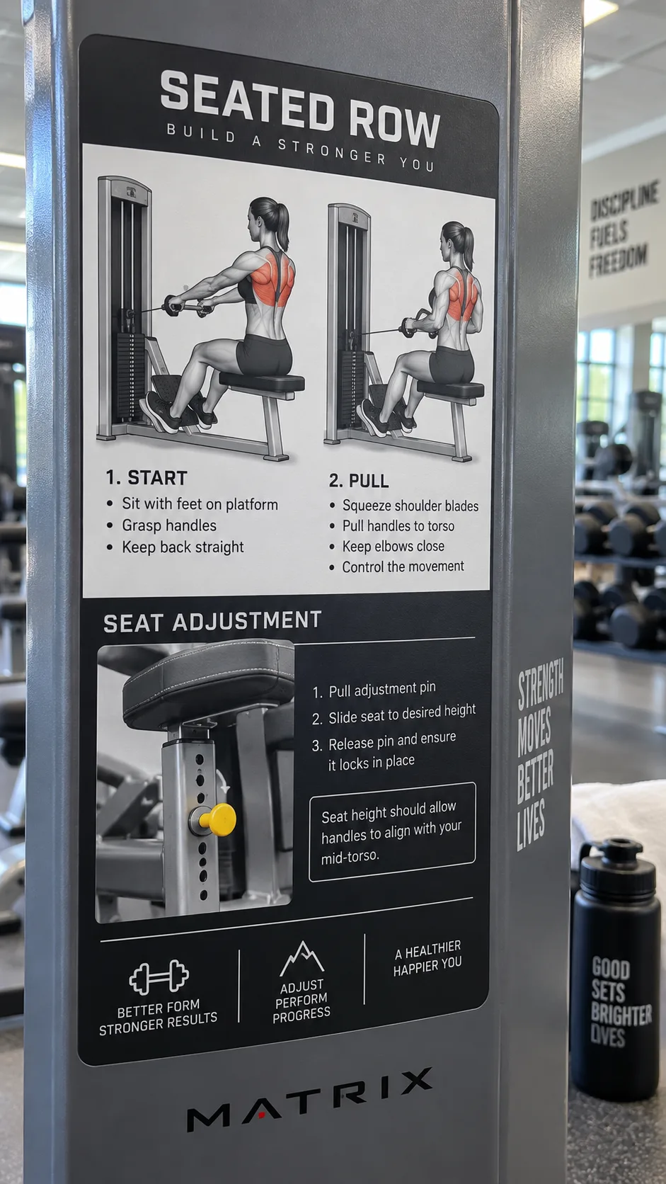 Close-up of a gym machine instructional sticker showing exercise diagram and seat adjustment instructions, clear detail shot in a bright gym setting