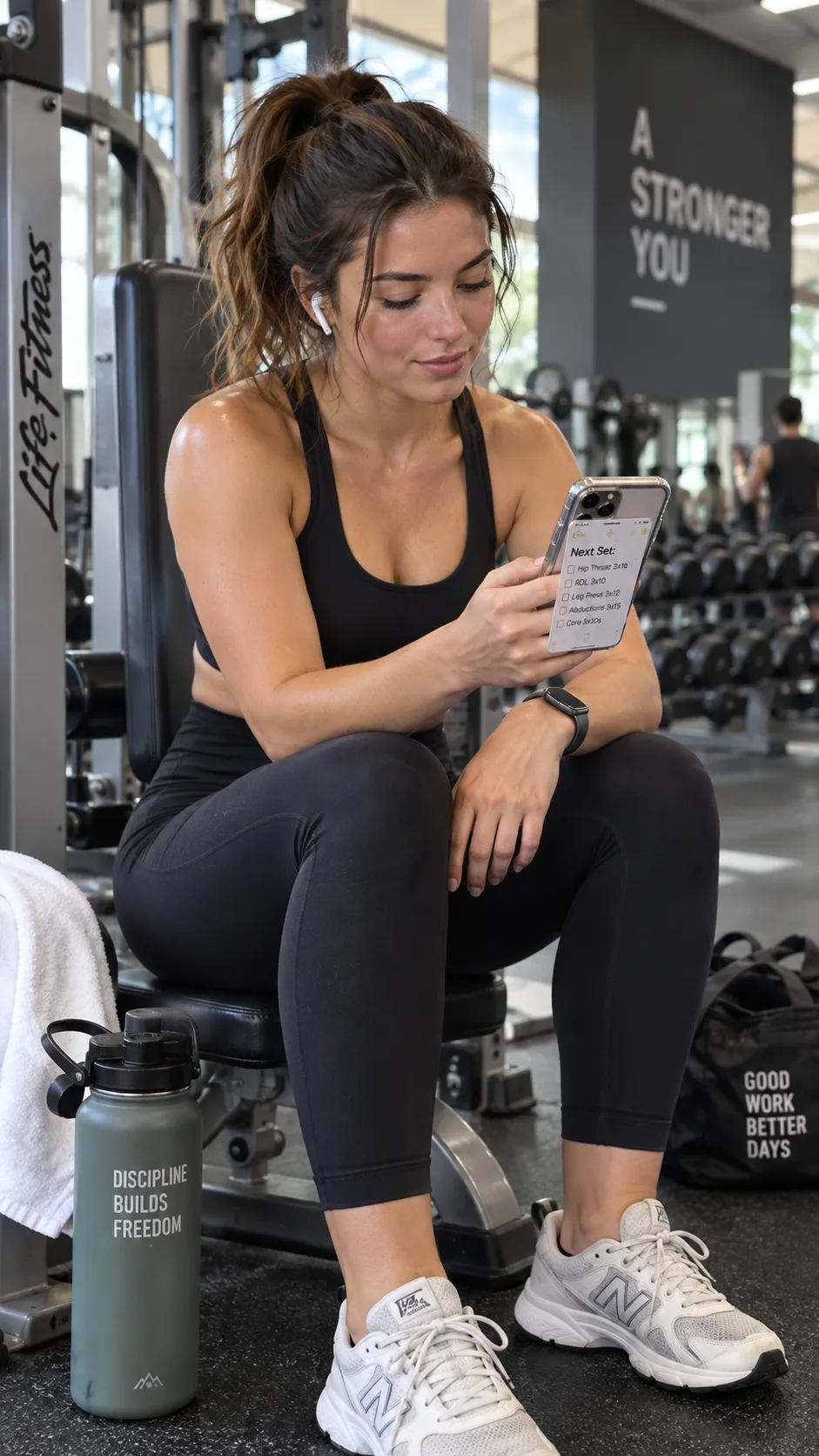 A woman in a gym checking her phone notes app between sets, sitting on a gym machine with a water bottle nearby, candid lifestyle photography style