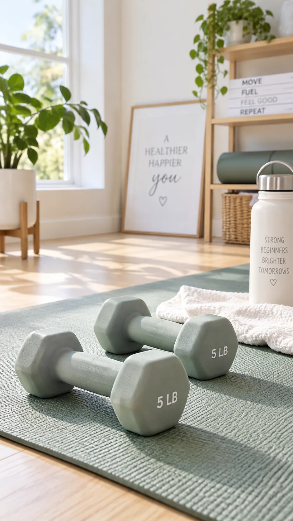 A pair of light dumbbells (5-10 lbs) on a yoga mat in a bright, clean home workout space with natural lighting, minimalist fitness setup for beginners