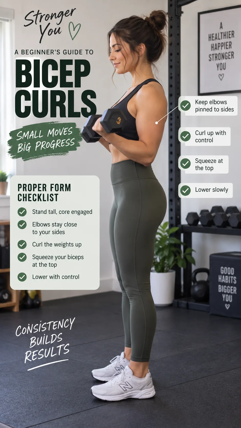 A beginner performing a standing dumbbell bicep curl with proper form, elbows pinned to sides, in a home gym setting, side angle showing correct posture