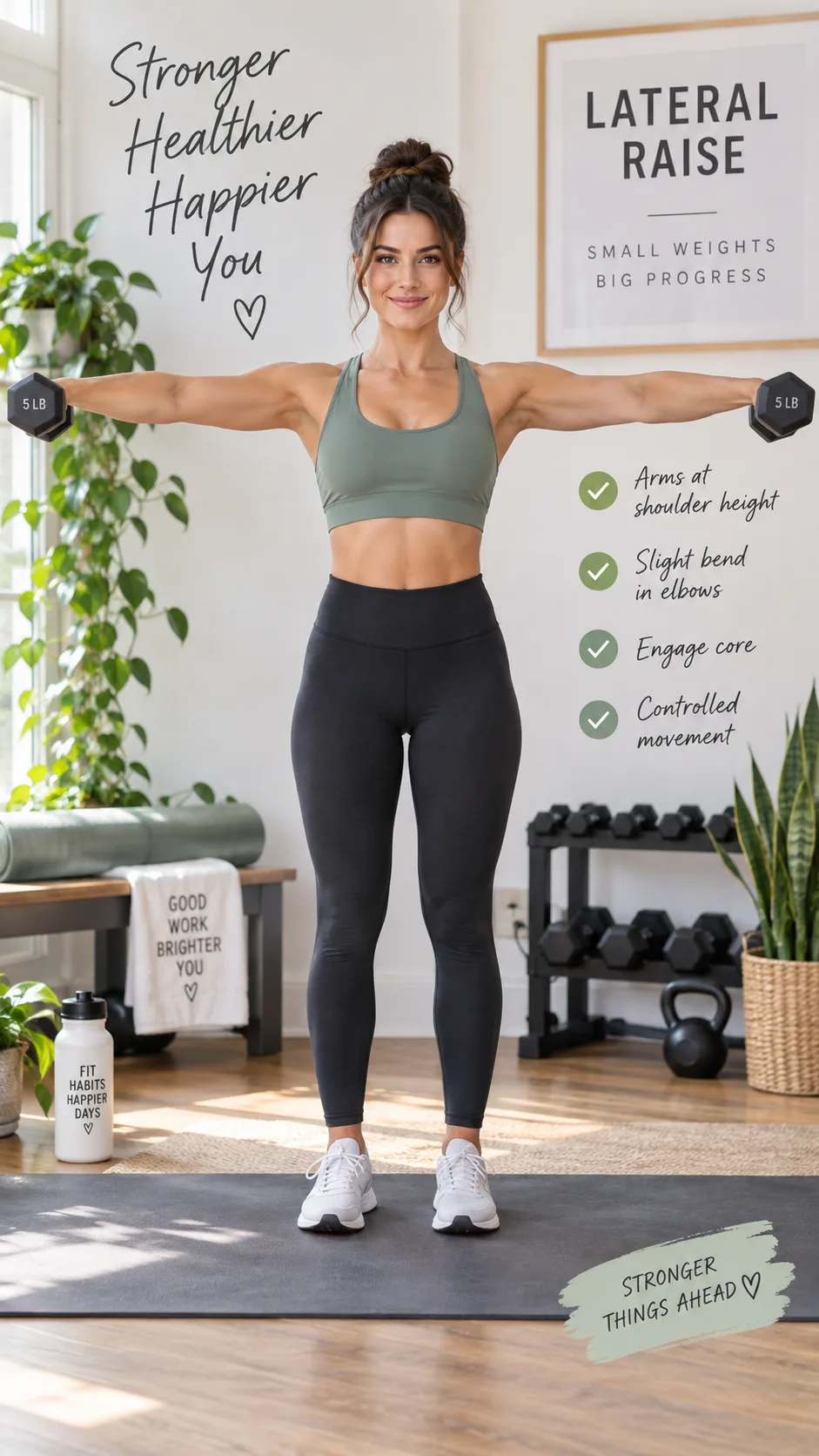 Woman performing a dumbbell lateral raise with light weights, arms extended to sides at shoulder height, proper form demonstration in a well-lit home workout area