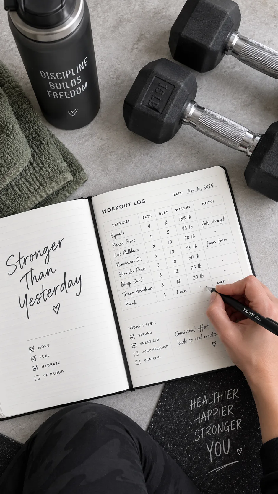 A hand writing workout notes in a fitness journal next to a pair of dumbbells, tracking sets, reps, and weight, overhead flat lay shot with clean aesthetic