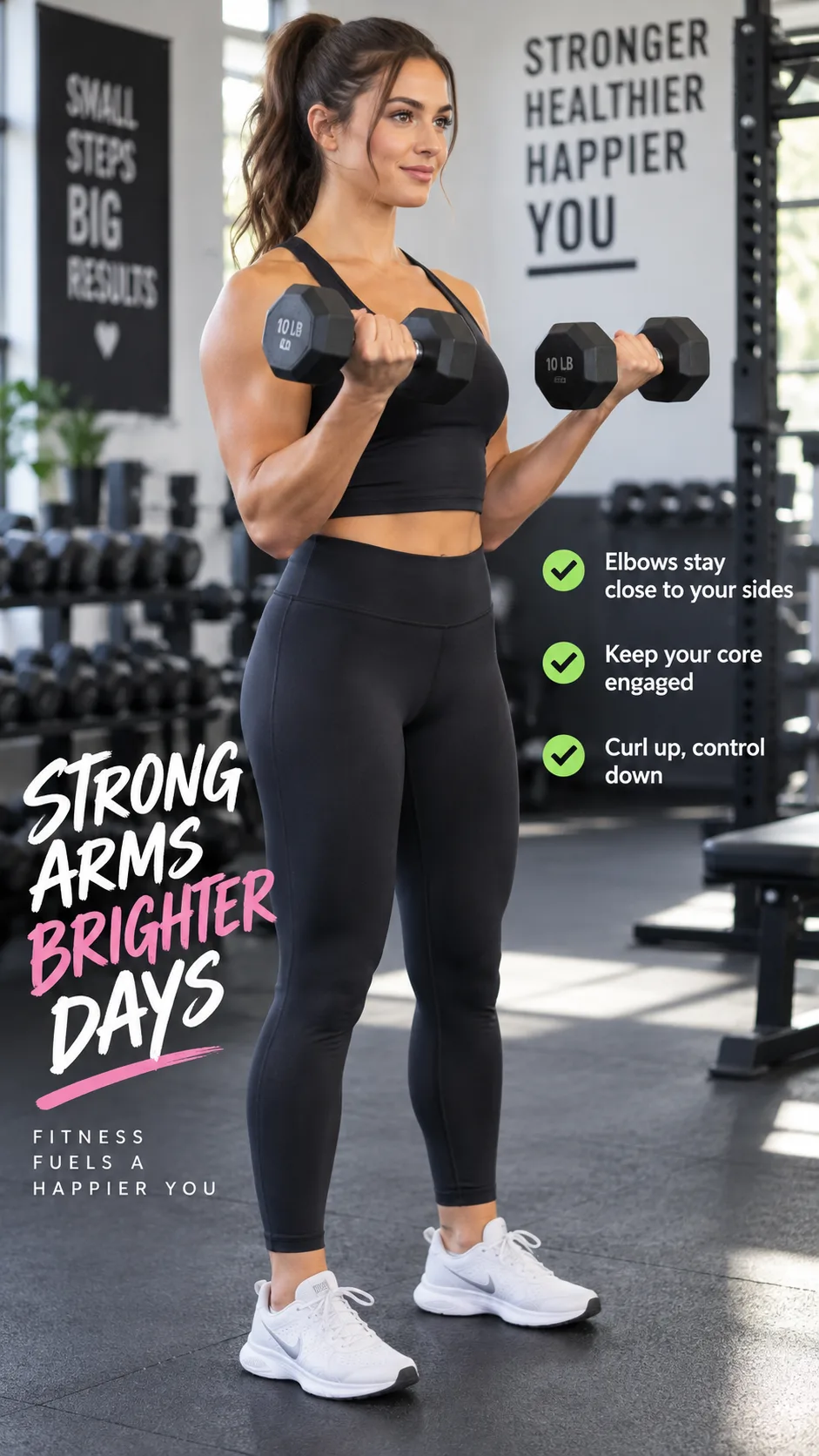 Woman performing standing dumbbell bicep curls in a gym, demonstrating proper elbow position, bright gym lighting, fitness photography with clear form demonstration