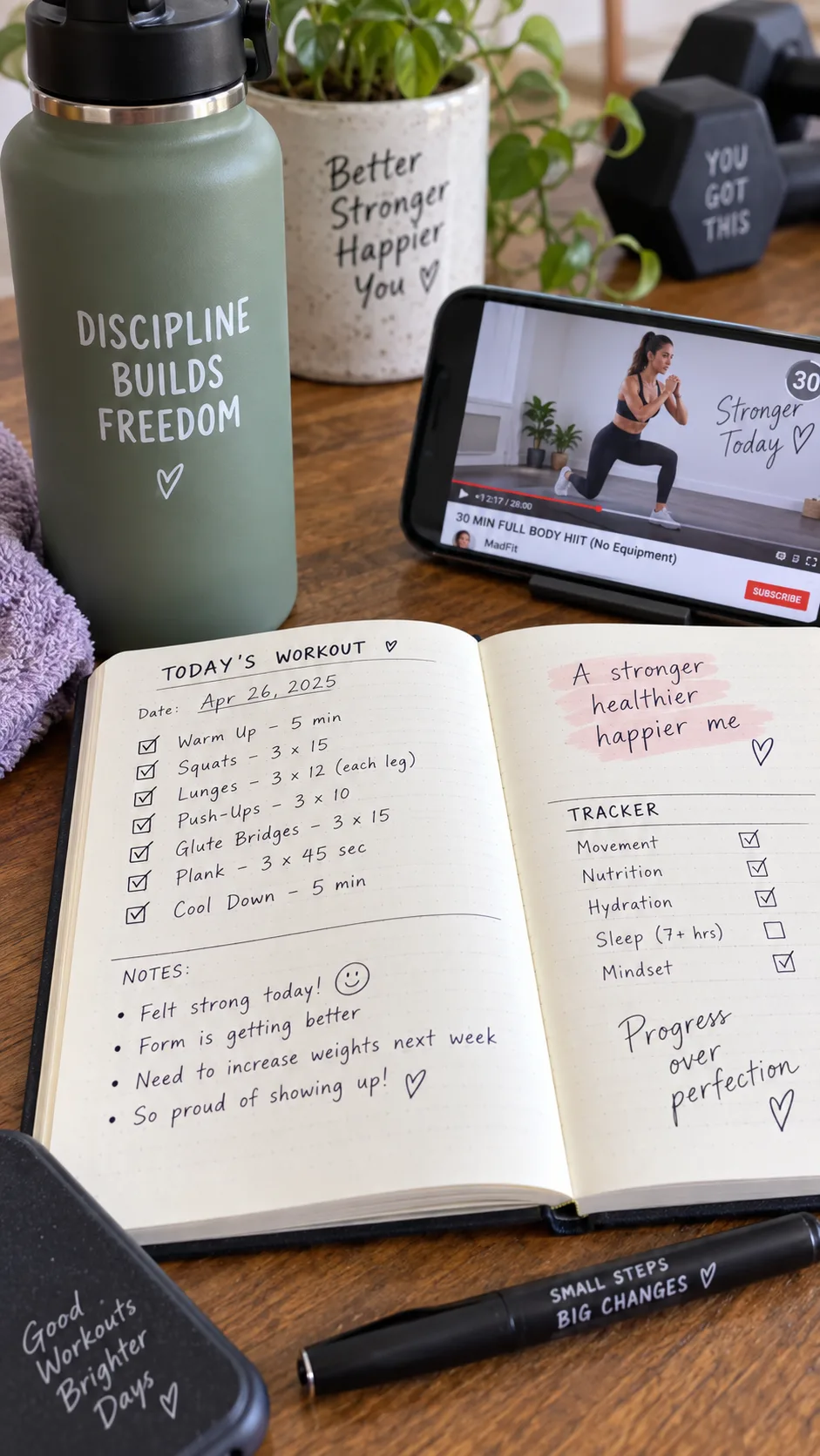 Close-up of a fitness journal notebook open on a wooden table next to a water bottle and phone showing a YouTube workout video, with handwritten workout notes and checkmarks visible