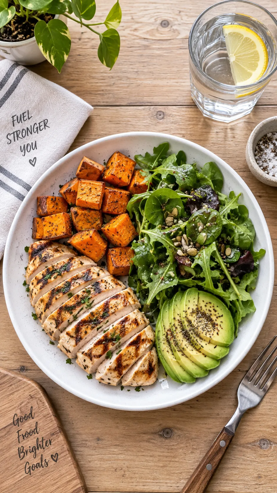Overhead flat-lay photo of a healthy post-workout meal on a white plate featuring grilled chicken, roasted sweet potatoes, leafy greens and avocado, on a light wooden table with a water glass nearby