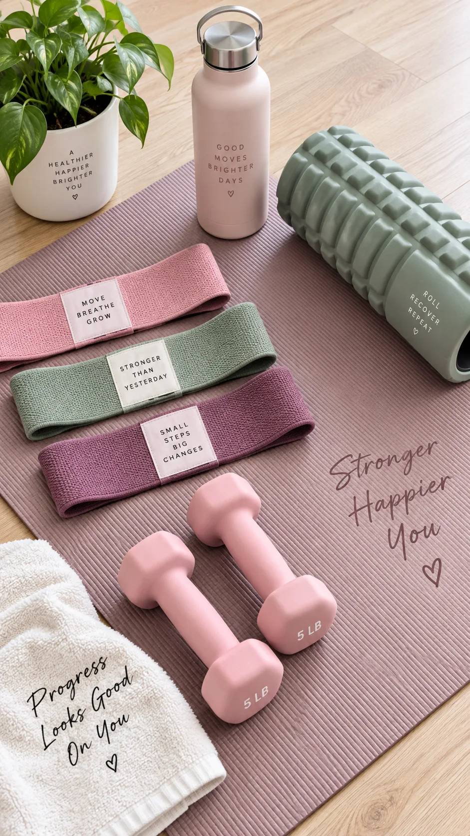 Flat-lay of minimal home workout equipment on a yoga mat including fabric resistance bands, light pink dumbbells, foam roller, and a water bottle, bright clean aesthetic on a light hardwood floor