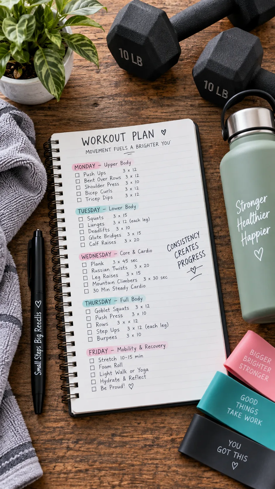 Overhead flat lay of a gym workout plan written in a notebook next to dumbbells, a water bottle, and resistance bands on a wooden surface, clean and organized, lifestyle fitness photography