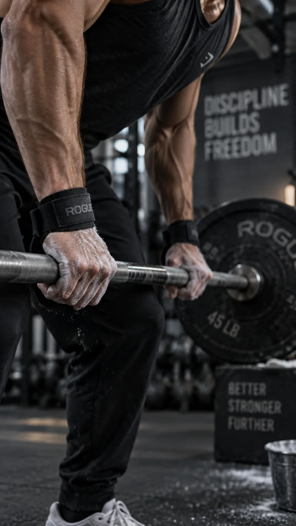 Close-up of a person gripping a barbell during a bent-over row in a gym, focus on hands and forearms with chalk, moody gym atmosphere, shallow depth of field, professional fitness photography
