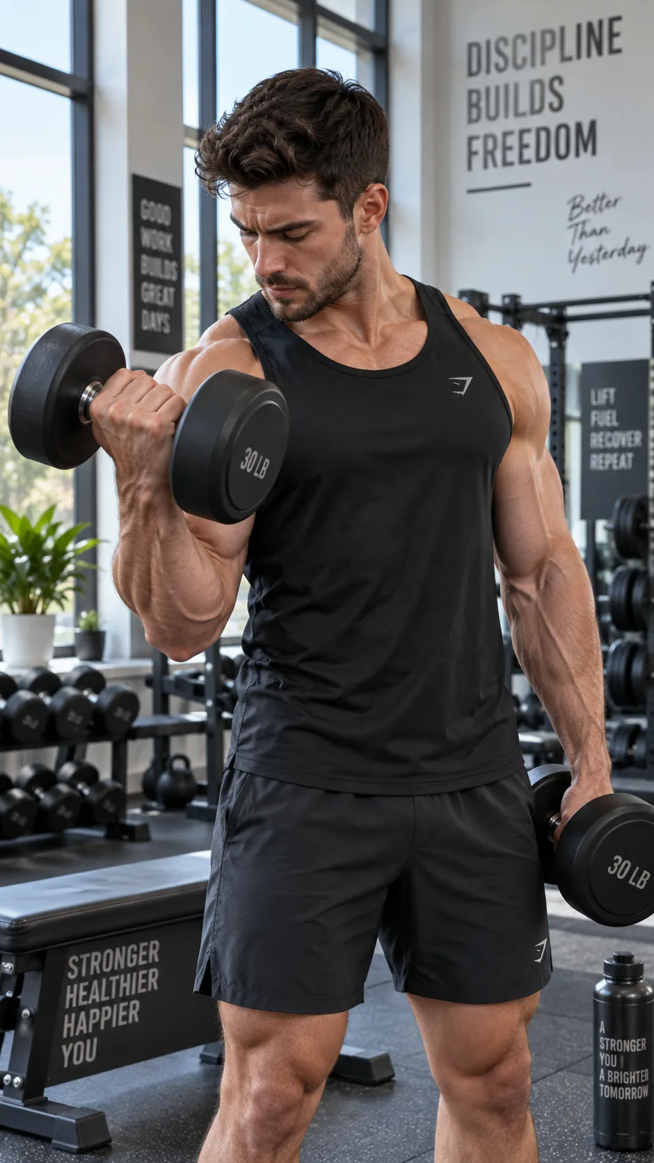 Muscular person in a well-lit gym performing a controlled dumbbell curl with focused form, showing visible muscle tension, clean modern gym background with natural lighting