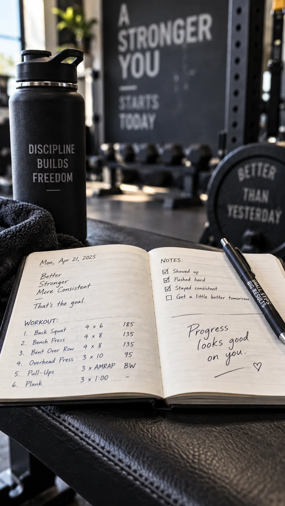 Close-up of a training logbook on a gym bench with handwritten workout notes, a pen, and a water bottle beside it, shallow depth of field, motivational gym atmosphere