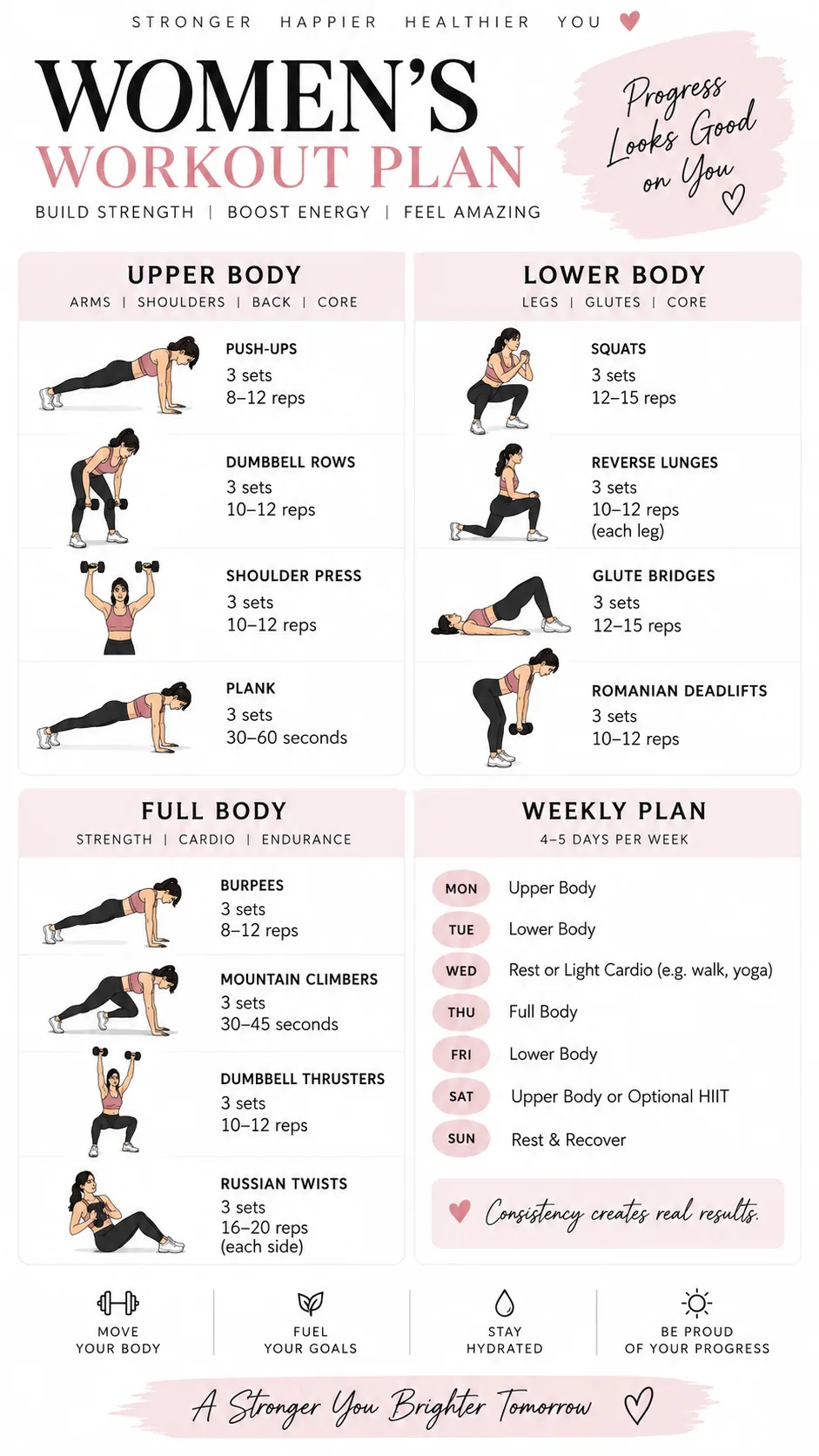 A clean, minimalist printable workout plan infographic on white paper showing exercise names, sets, and reps for a women