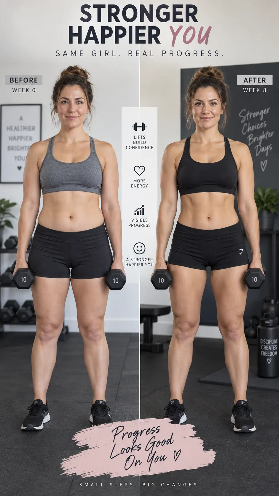 A before-and-after style split image of a woman showing subtle but visible muscle tone improvements after several weeks of dumbbell training, professional fitness transformation photography, encouraging and realistic body composition changes