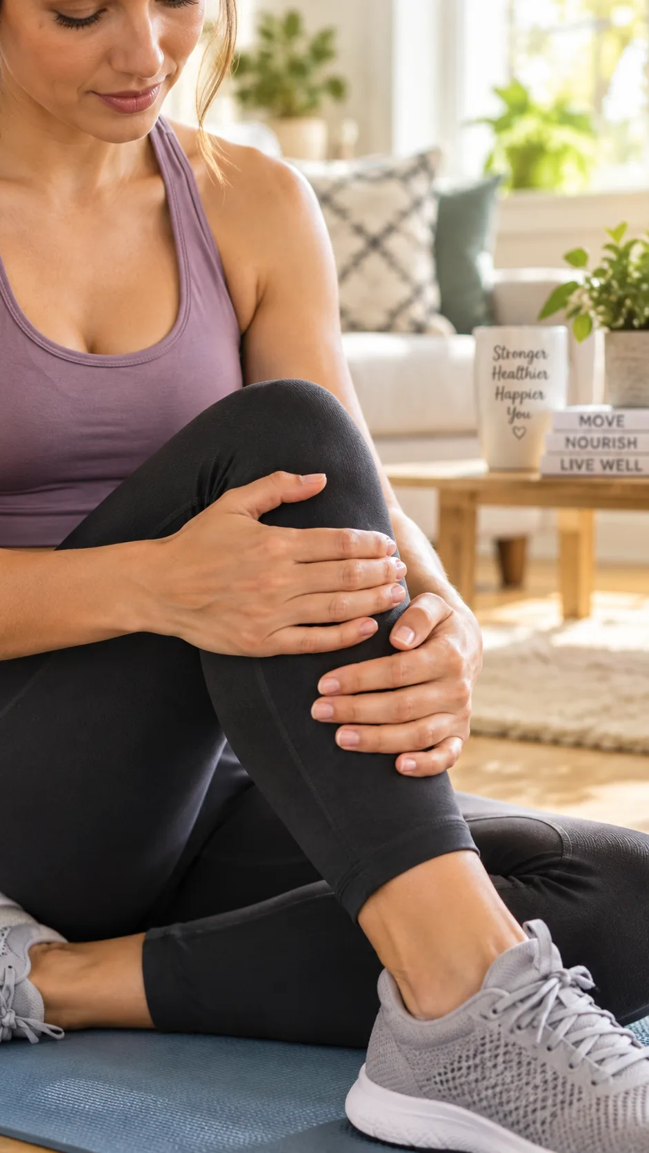 Close-up photography of a person gently holding their knee while sitting on a yoga mat in a bright, airy living room, wearing athletic clothing, warm natural lighting