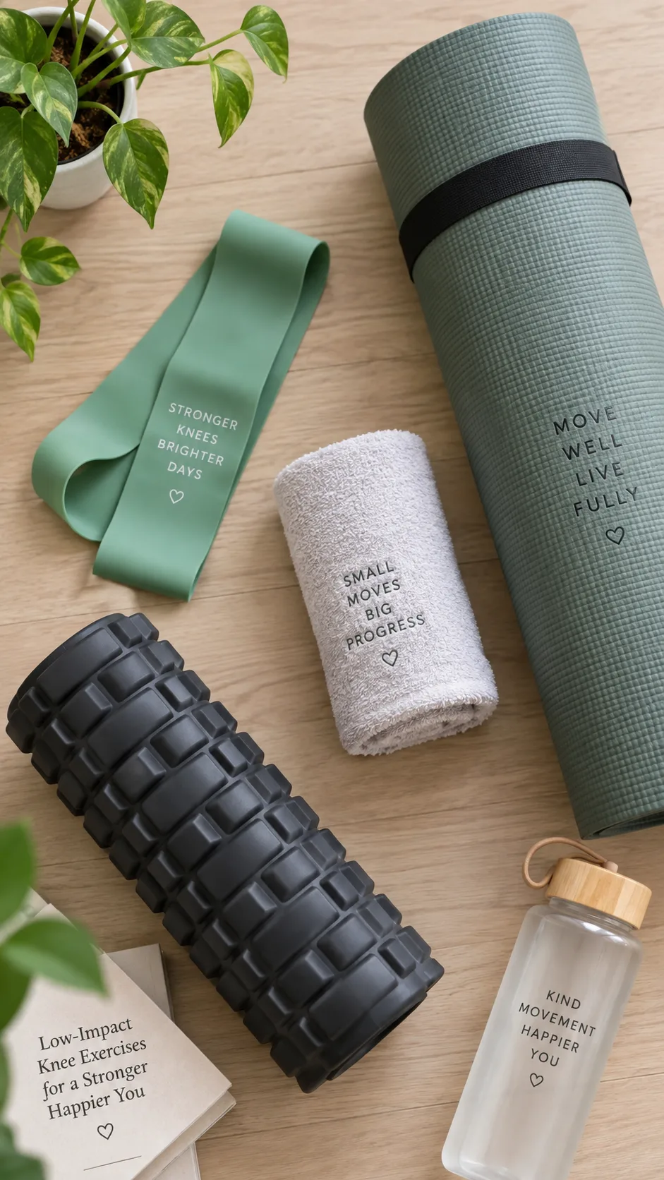 Overhead photography of exercise equipment for low-impact knee exercises laid out on a light wood floor: resistance band, yoga mat, small towel roll, foam roller, clean minimalist style