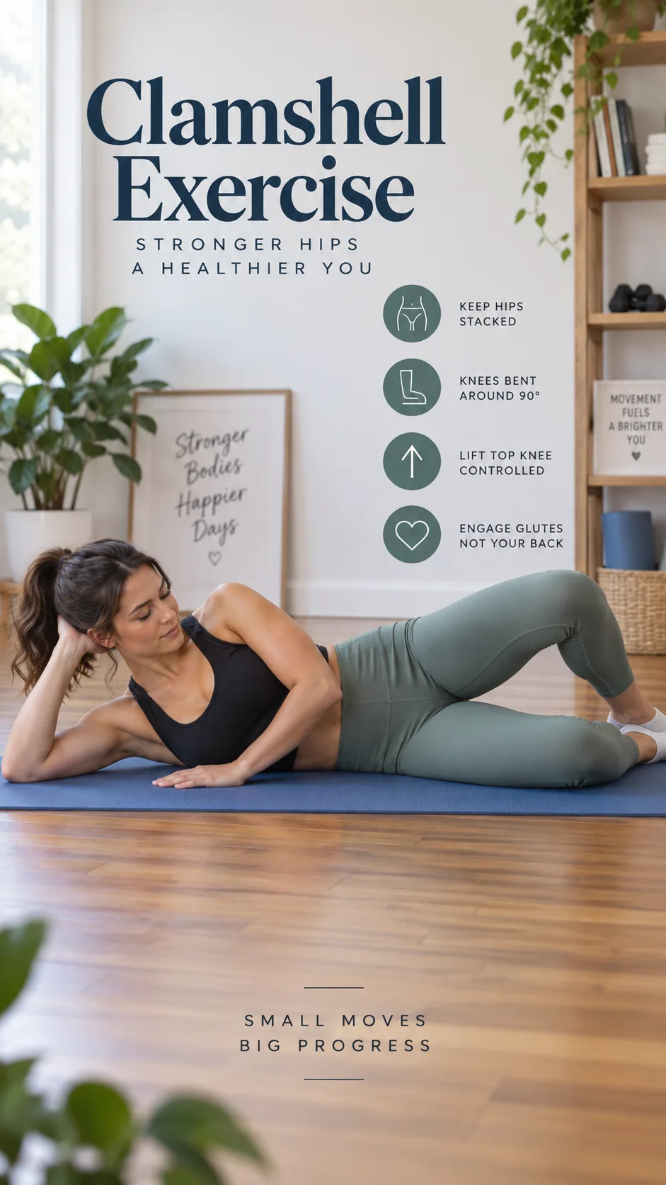 Side-view photography of a woman performing a clamshell exercise lying on a blue yoga mat on a hardwood floor, athletic clothing, demonstrating proper hip abduction form with knees bent