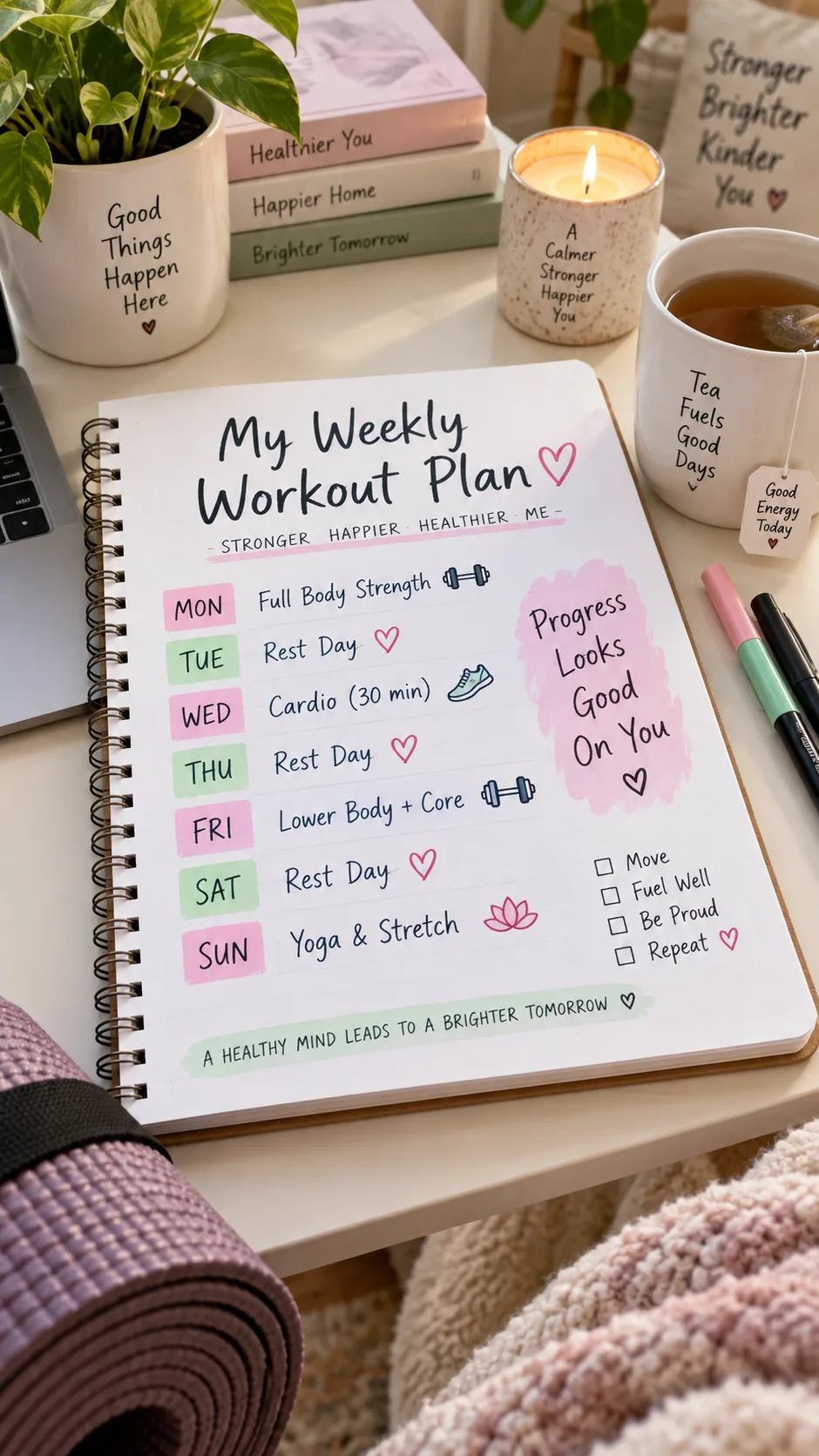 A simple weekly workout calendar laid out on a clean desk, handwritten with colorful markers showing alternating exercise and rest days, cozy home setting with a cup of tea nearby