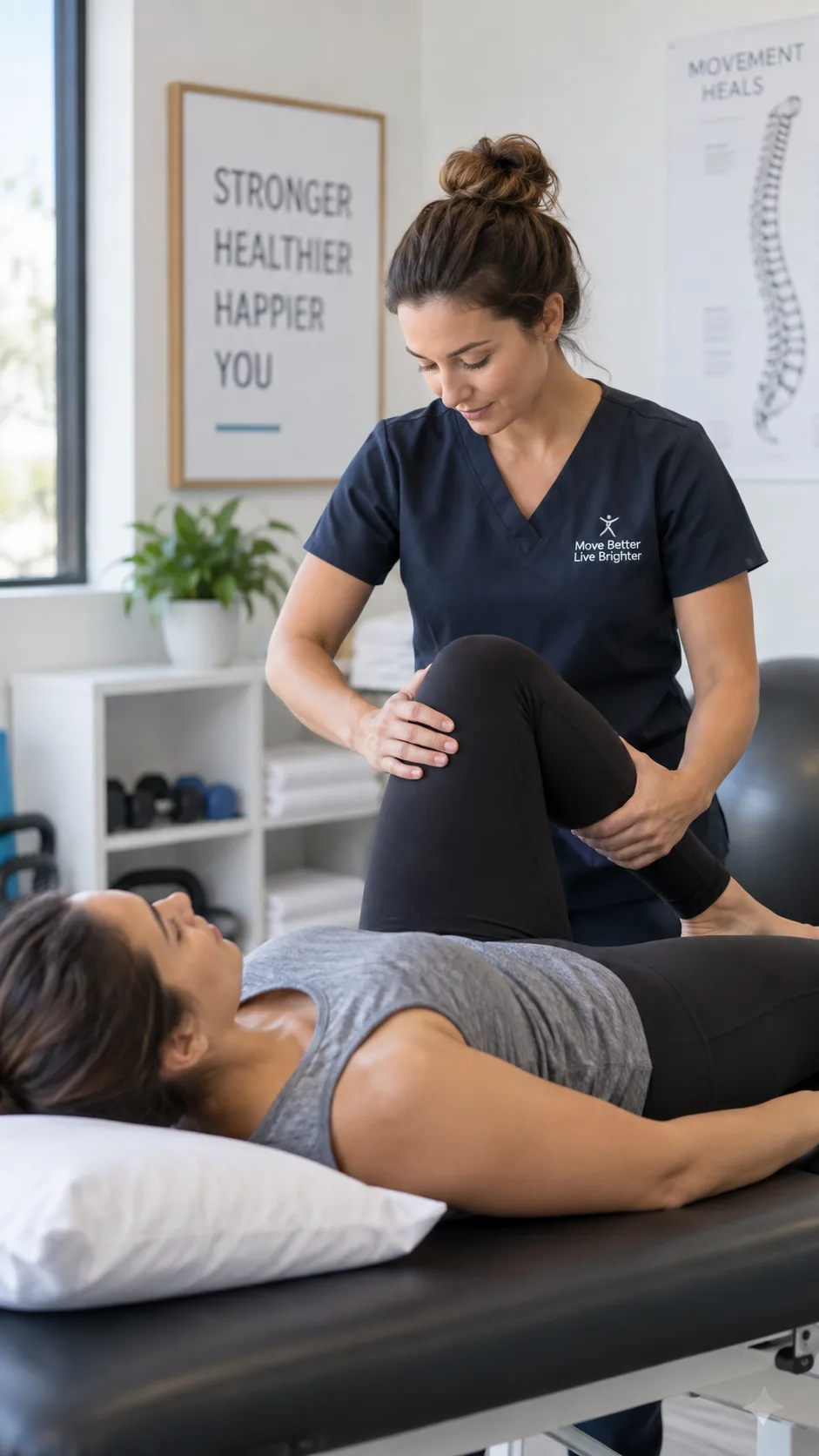 Photography of a physical therapist examining a patient
