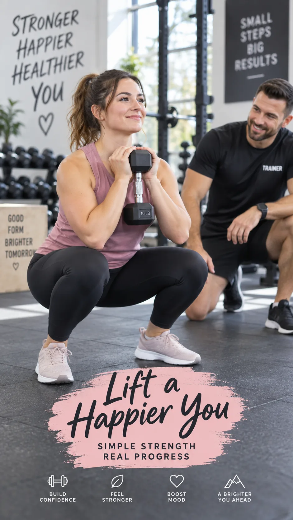 A beginner woman performing a goblet squat with a light dumbbell in a well-lit gym, a personal trainer watching in the background, encouraging atmosphere