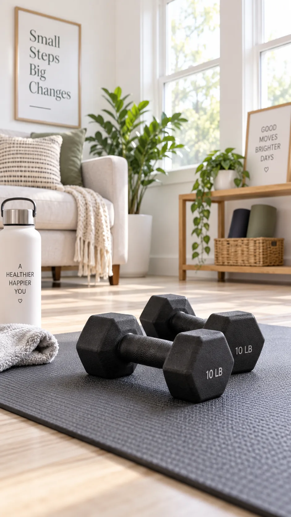 A pair of hex dumbbells resting on a yoga mat in a bright, clean living room with natural light coming through windows, minimalist home gym setup for beginners