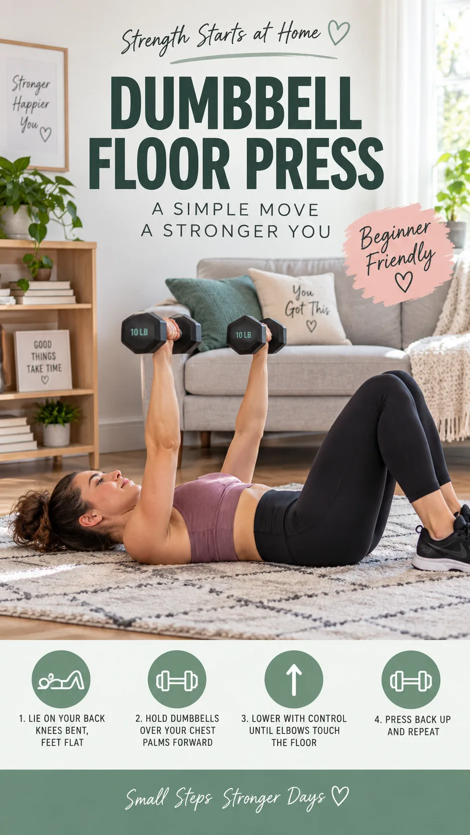 A beginner woman performing a dumbbell floor press exercise in her living room, proper form demonstration, bright natural lighting, wearing athletic clothing, dumbbells visible