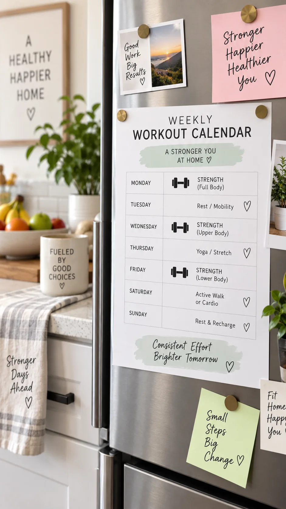 A weekly workout calendar pinned to a refrigerator showing Monday, Wednesday, Friday marked with dumbbell icons, clean modern kitchen background, motivational home fitness planning
