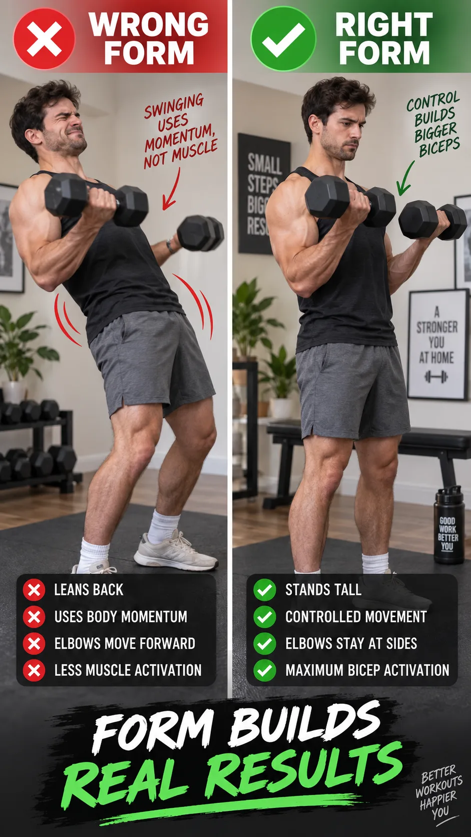 Split comparison image showing incorrect versus correct dumbbell bicep curl form, one side showing swinging body momentum and other side showing strict controlled form, home workout setting