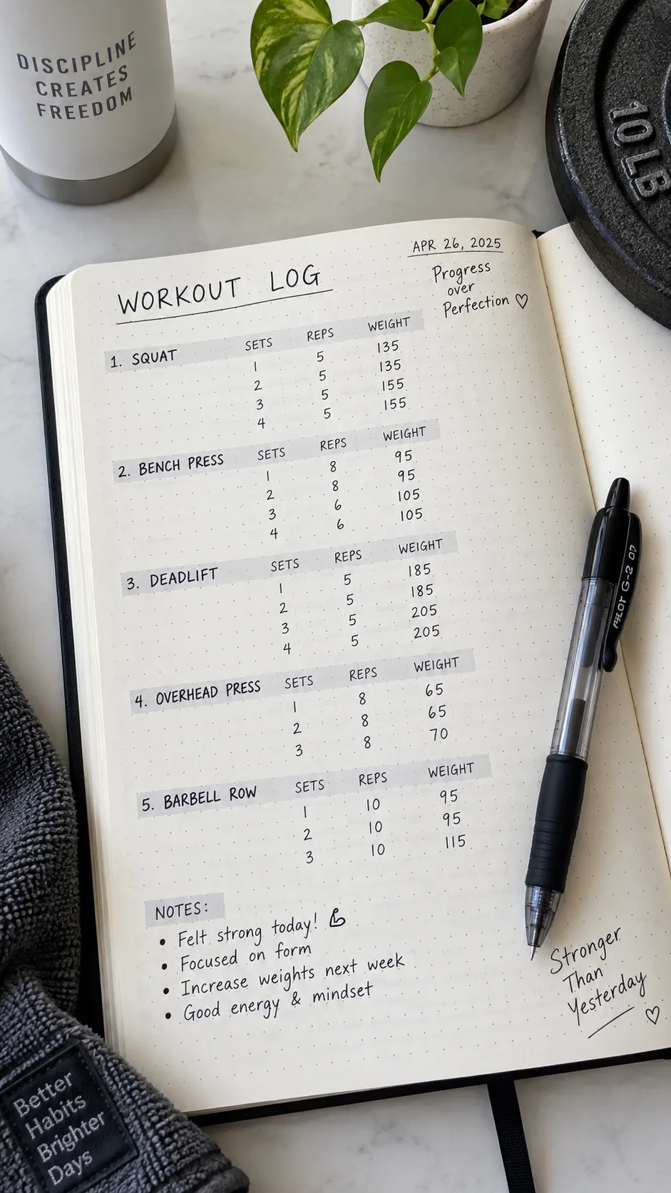 Close-up overhead shot of an open notebook with handwritten workout log entries showing exercises, sets, reps, and weights, pen resting on the page, clean minimalist desk background, natural lighting photography