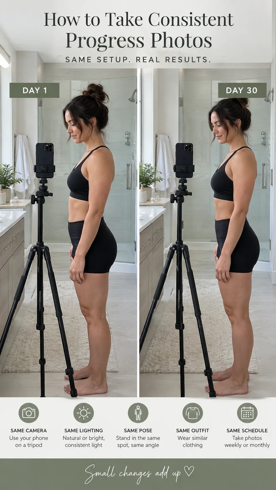 A side-by-side comparison photo setup showing a phone camera on a tripod in a well-lit bathroom, demonstrating how to take consistent progress photos, clean modern bathroom background, realistic photography