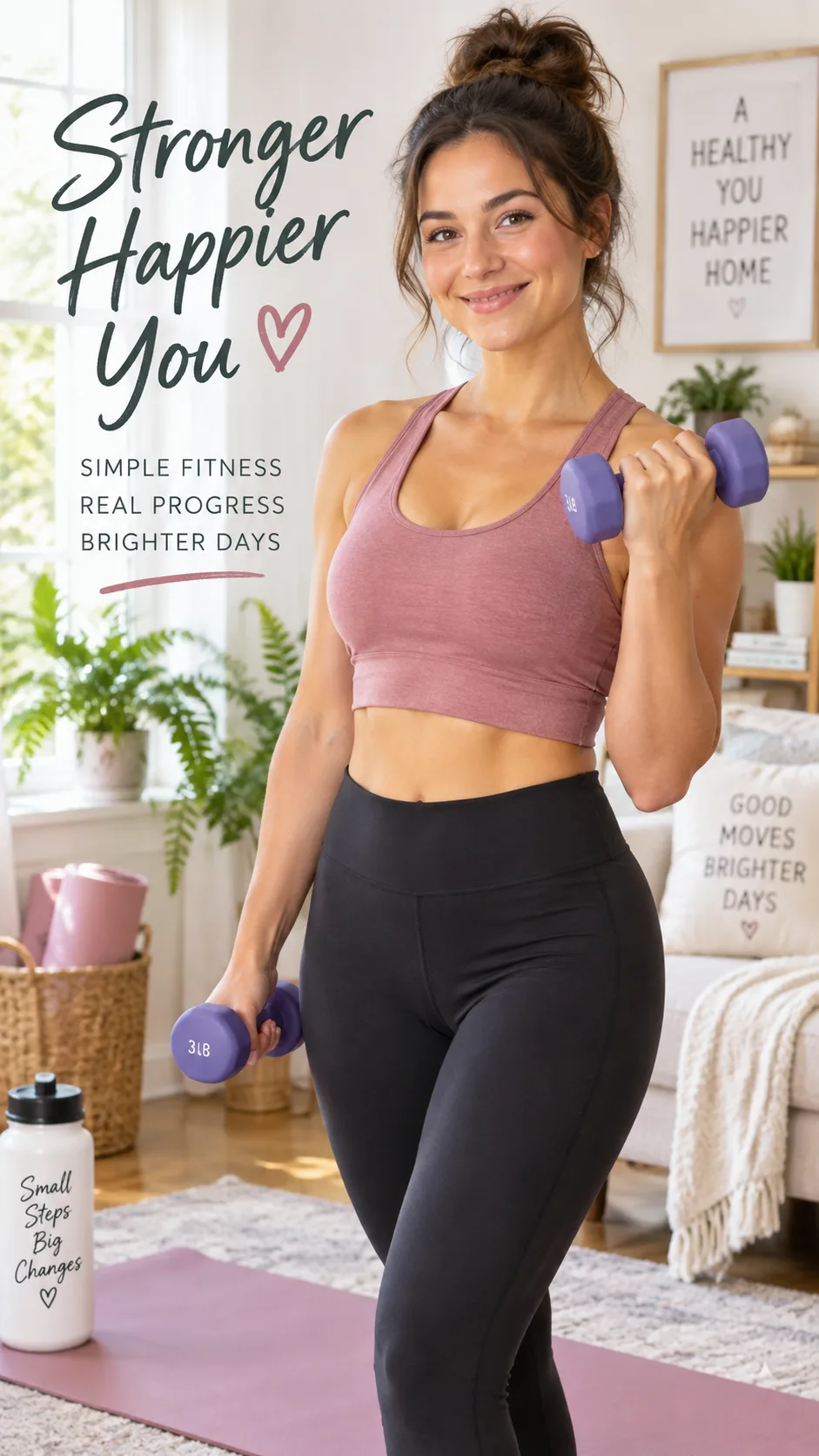 A woman in casual workout clothes holding light dumbbells in a bright home setting, smiling confidently, beginner-friendly fitness atmosphere, natural lighting
