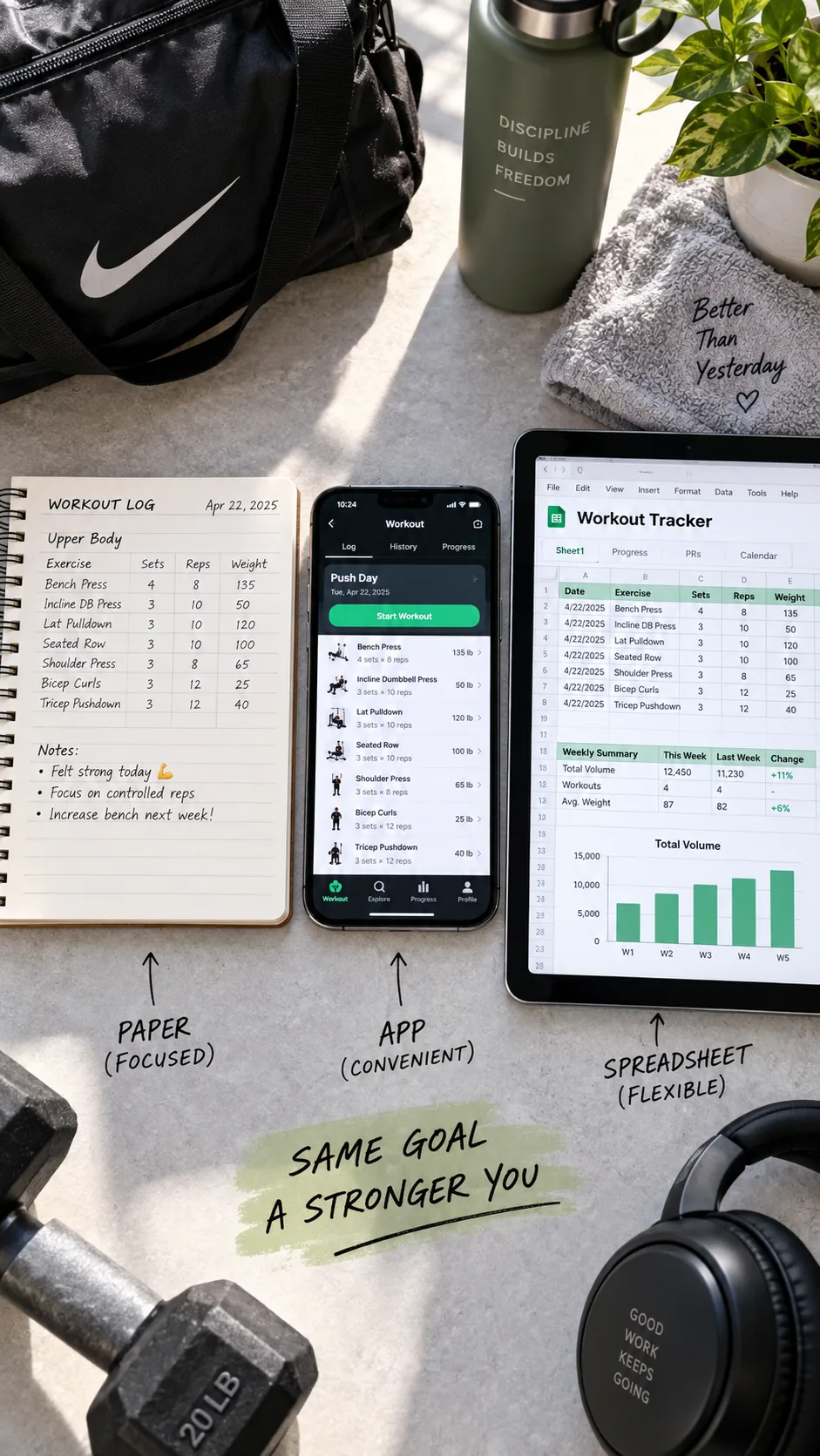 A flatlay showing three workout tracking options side by side: a paper notebook with workout entries, a smartphone showing a workout tracking app, and a spreadsheet on a tablet, gym bag partially visible in the corner, bright natural lighting photography