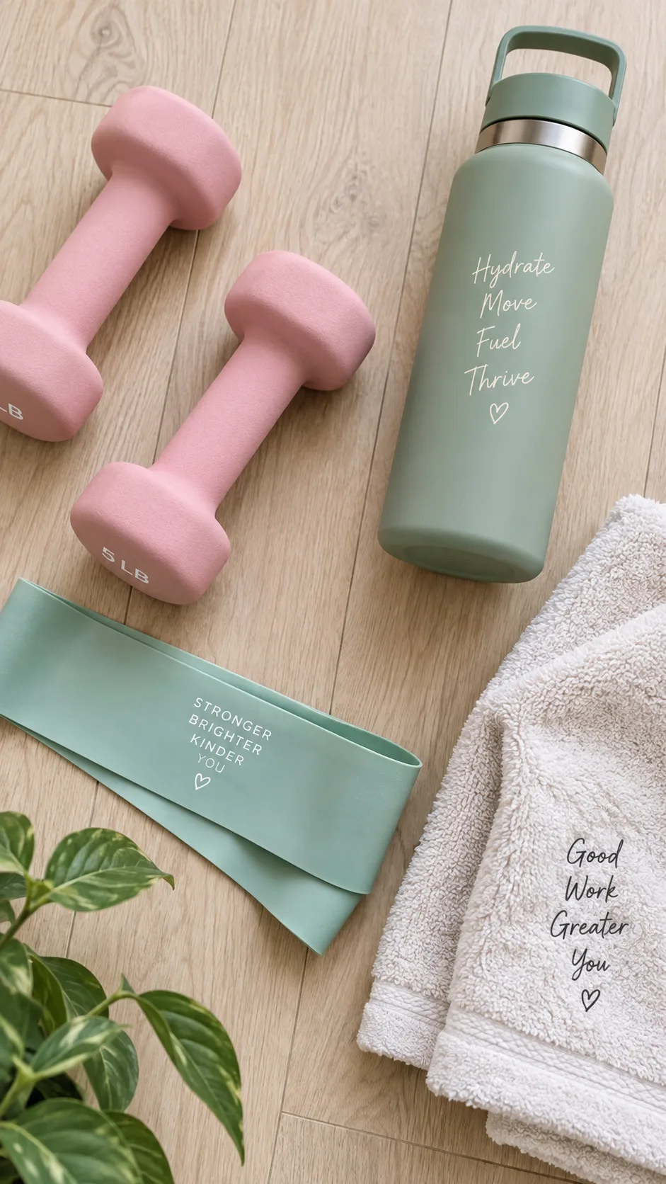 Flat lay of light pastel-colored dumbbells, a water bottle, resistance band, and a workout towel arranged neatly on a light wood floor, fitness lifestyle photography