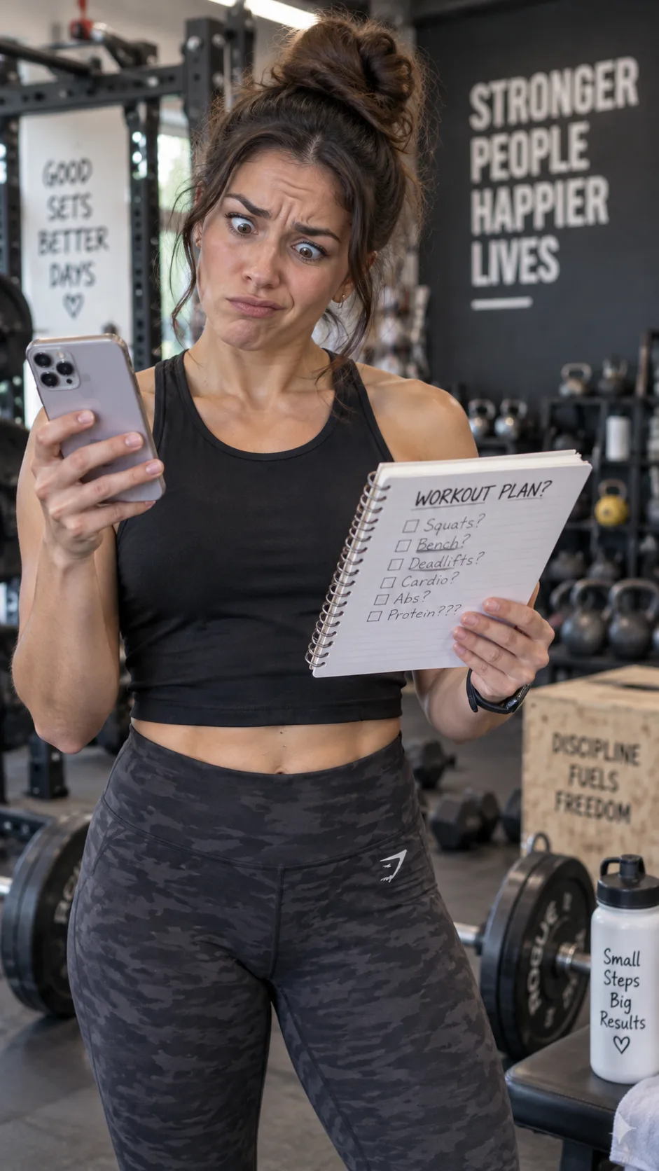 A person at a gym looking confused while holding a phone and a notebook simultaneously, humorous expression, with barbells and gym equipment in the soft-focus background, candid photography style
