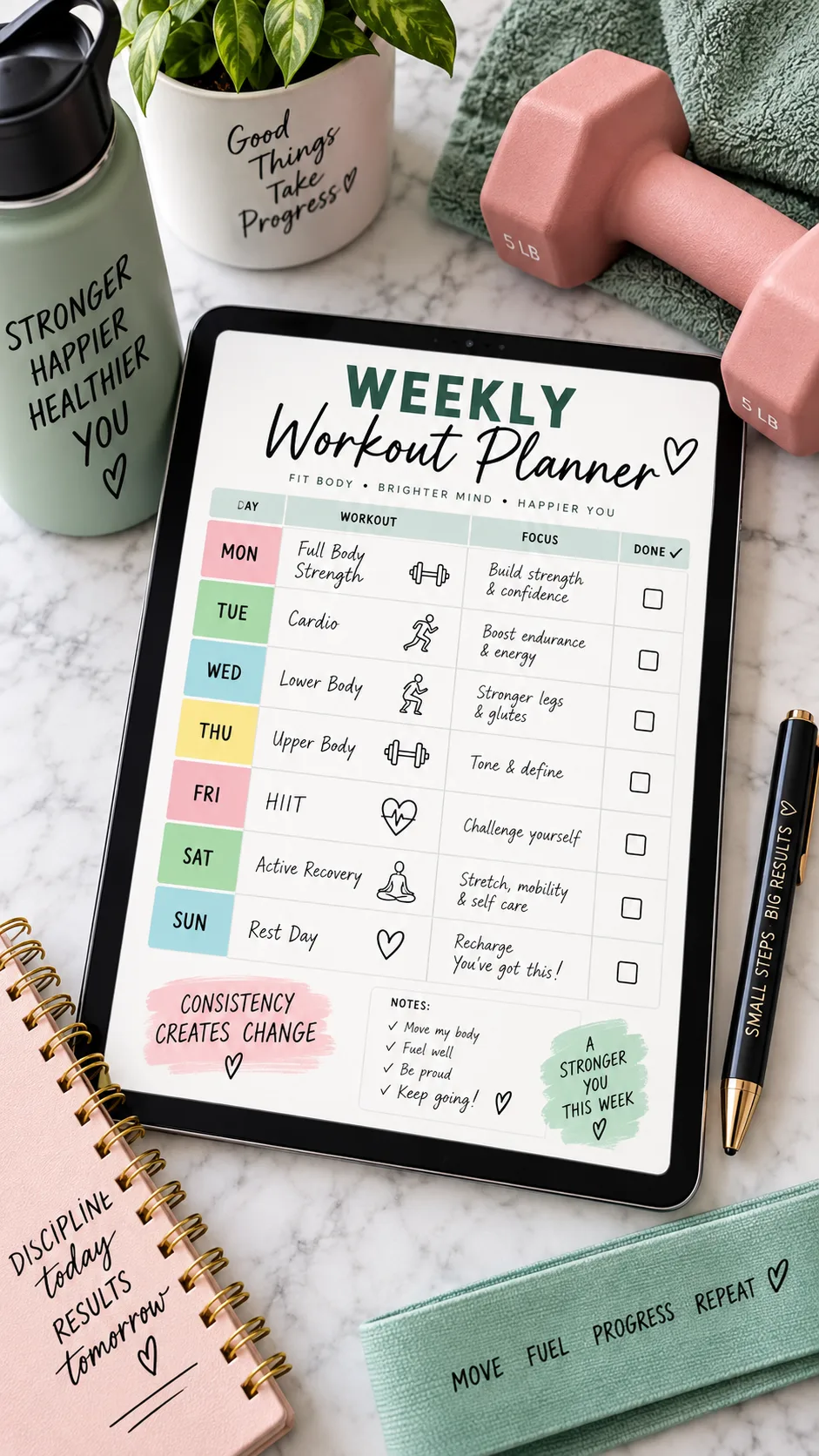 A clean weekly workout planner layout displayed on a tablet or notebook, fitness-themed flat lay with dumbbells and a pen, bright and organized aesthetic