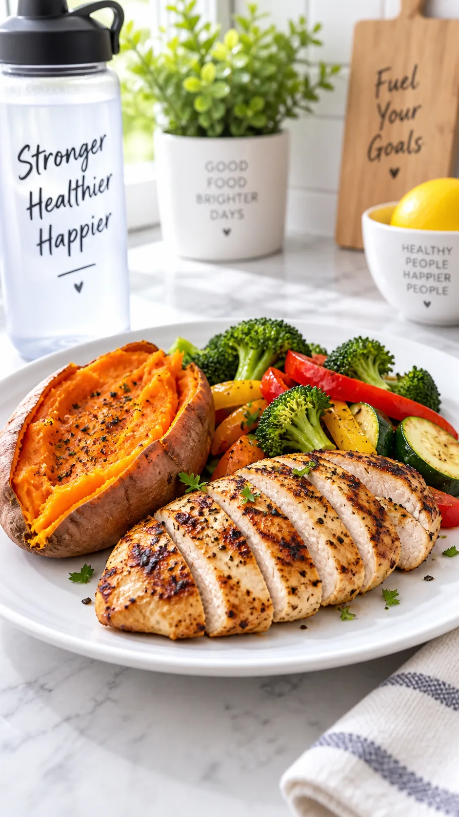 A balanced post-workout meal with grilled chicken, sweet potato, and colorful vegetables on a white plate, bright kitchen background, food photography style